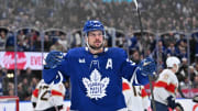 Toronto Maple Leafs forward Auston Matthews (34) celebrates after scoring a goal against the Florida Panthers