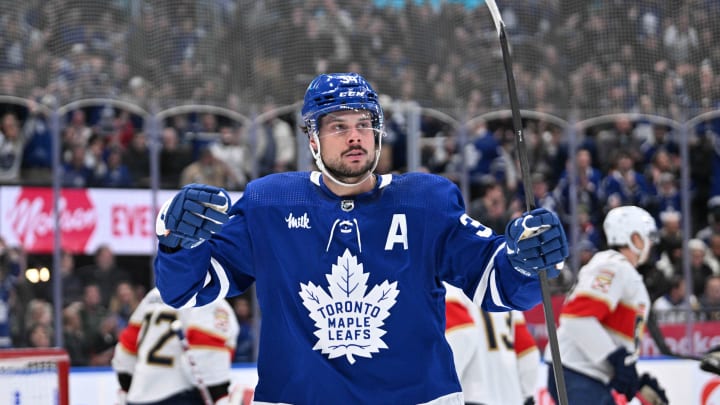 Toronto Maple Leafs forward Auston Matthews (34) celebrates after scoring a goal against the Florida Panthers