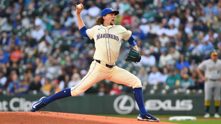 Seattle Mariners starting pitcher Logan Gilbert throws during a game against the Oakland Athletics on Sept. 29 at T-Mobile Park. Seattle Mariners starting pitcher Logan Gilbert throws during a game against the Oakland Athletics on Sept. 29 at T-Mobile Park.