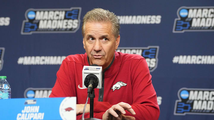 Mar 19, 2025; Providence, RI, USA; Arkansas Razorbacks head coach John Calipari answers question during the First Round Practice Session Press Conference at Amica Mutual Pavilion. Mandatory Credit: Gregory Fisher-Imagn Images Mar 19, 2025; Providence, RI, USA; Arkansas Razorbacks head coach John Calipari answers question during the First Round Practice Session Press Conference at Amica Mutual Pavilion. Mandatory Credit: Gregory Fisher-Imagn Images