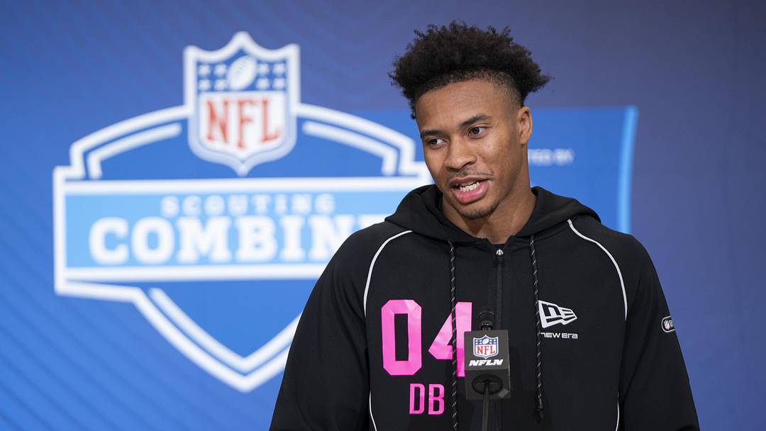 Feb 26, 2026; Indianapolis, IN, USA; South Carolina defensive back Brandon Cisse (DB04) speaks to members of the media during the NFL Combine at the Indiana Convention Center. Mandatory Credit: Jacob Musselman-Imagn Images