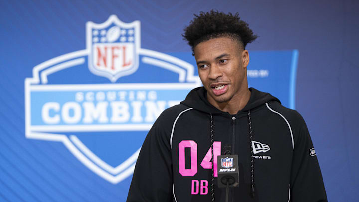 Feb 26, 2026; Indianapolis, IN, USA; South Carolina defensive back Brandon Cisse (DB04) speaks to members of the media during the NFL Combine at the Indiana Convention Center. Mandatory Credit: Jacob Musselman-Imagn Images