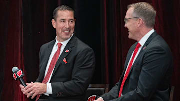 Wisconsin   s new head football coach Luke Fickell, left, is shown with athletic director Chris McIntosh at a news conference Monday, November 28, 2022 at Camp Randall Stadium in Madison, Wis. Fickell was previously head coach for six seasons at Cincinnati.

Mjs Uwgrid28 13 Jpg Uwgrid Fickell 116726864