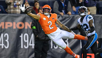 Nov 9, 2023; Chicago, Illinois, USA; Chicago Bears wide receiver D.J. Moore (2) cannot make a diving catch against the Carolina Panthers during the first quarter at Soldier Field. Mandatory Credit: Daniel Bartel-Imagn Images