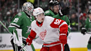 Jan 19, 2025; Dallas, Texas, USA; Detroit Red Wings center Marco Kasper (92) and Dallas Stars defenseman Ilya Lyubushkin (46) battle for position in the Stars crease during the first period at the American Airlines Center. Mandatory Credit: Jerome Miron-Imagn Images