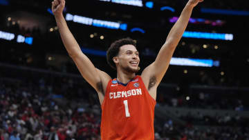 Mar 28, 2024; Los Angeles, CA, USA; Clemson Tigers guard Chase Hunter (1) celebrates after defeating the Arizona Wildcats in the semifinals of the West Regional of the 2024 NCAA Tournament at Crypto.com Arena. Mandatory Credit: Kirby Lee-USA TODAY Sports
