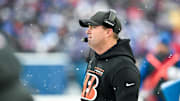 Dec 7, 2025; Orchard Park, New York, USA; Cincinnati Bengals head coach Zac Taylor looks on in the third quarter against the Buffalo Bills at Highmark Stadium. Mandatory Credit: Mark Konezny-Imagn Images