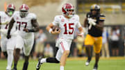 Oct 11, 2025; Columbia, Missouri, USA; Alabama Crimson Tide quarterback Ty Simpson (15) runs the ball against the Missouri Tigers during the first half of the game at Faurot Field at Memorial Stadium. Mandatory Credit: Jay Biggerstaff-Imagn Images