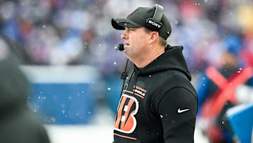 Dec 7, 2025; Orchard Park, New York, USA; Cincinnati Bengals head coach Zac Taylor looks on in the third quarter against the Buffalo Bills at Highmark Stadium. Mandatory Credit: Mark Konezny-Imagn Images