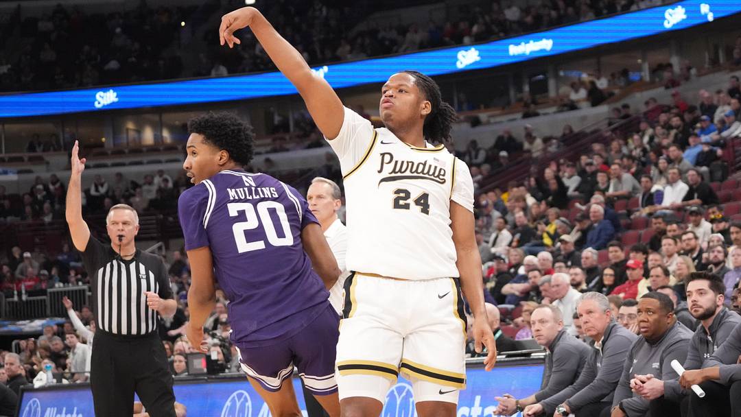 Purdue Boilermakers guard Gicarri Harris (24) watches his three-point basket.