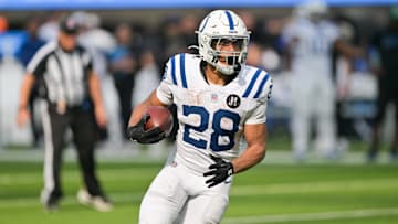 Oct 19, 2025; Inglewood, California, USA; Indianapolis Colts running back Jonathan Taylor (28) runs with the ball in the second half against the Los Angeles Chargers at SoFi Stadium. 