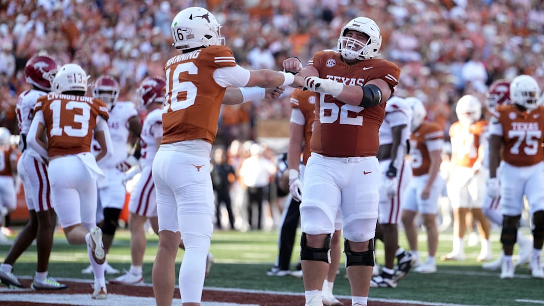 Texas Longhorns quarterback Arch Manning during the first half against the Arkansas Razorbacks at Darrell K Royal-Texas Memorial Stadium. 
