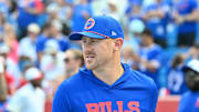 Aug 9, 2025; Orchard Park, New York, USA; Buffalo Bills offensive coordinator Joe Brady on the field before a game against the New York Giants at Highmark Stadium. Mandatory Credit: Mark Konezny-Imagn Images
