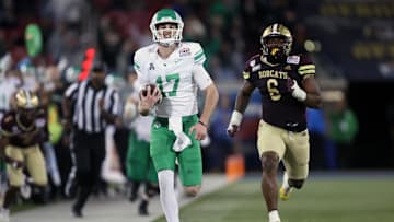 Jan 3, 2025; Dallas, TX, USA; North Texas Mean Green quarterback Drew Mestemaker (17) scores a touchdown against the Texas State Bobcats during the fourth quarter at Gerald J. Ford Stadium. Mandatory Credit: Tim Heitman-Imagn Images