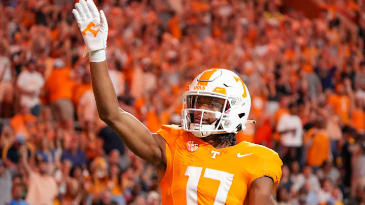 Tennessee wide receiver Chris Brazzell II (17) waves to the crowd after scoring a touchdown during the NCAA college football game against Kent State on Saturday, Sept. 14, 2024 in Knoxville, Tenn.