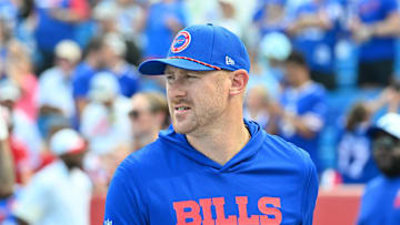 Aug 9, 2025; Orchard Park, NY; Buffalo Bills offensive coordinator Joe Brady on the field before a game against the New York Giants