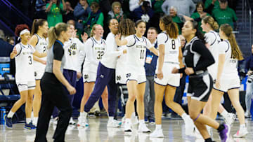 Notre Dame celebrates after winning the first round of the NCAA Women's Basketball Tournament 106-54 against Stephen F. Austin at Purcell Pavilion on Friday, March 21, 2025, in South Bend.