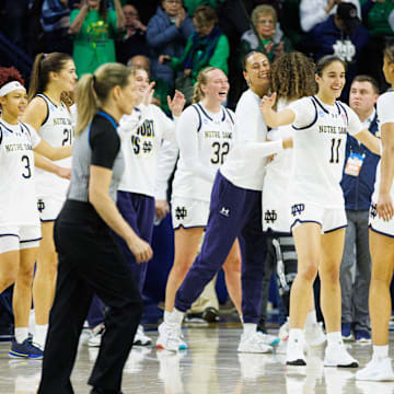 Notre Dame celebrates after winning the first round of the NCAA Women's Basketball Tournament 106-54 against Stephen F. Austin at Purcell Pavilion on Friday, March 21, 2025, in South Bend.
