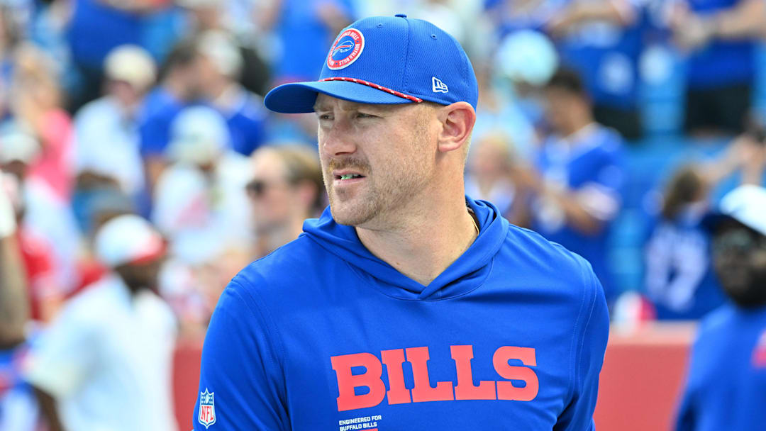 Aug 9, 2025; Orchard Park, New York, USA; Buffalo Bills offensive coordinator Joe Brady on the field before a game against the New York Giants at Highmark Stadium. Mandatory Credit: Mark Konezny-Imagn Images