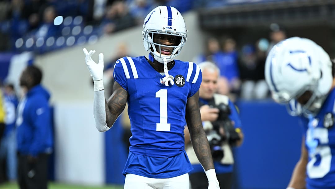 Nov 30, 2025; Indianapolis, Indiana, USA; Indianapolis Colts cornerback Sauce Gardner (1) warms up before a game against the Houston Texans at Lucas Oil Stadium.