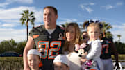 Jan 23, 2015; Phoenix, AZ, USA; Dallas Cowboys tight end Jason Witten (82) poses with wife Michelle Witten and daughter Landy Witten and sons C.J. Witten and Cooper Witten during team photos for the 2015 Pro Bowl at The Arizona Biltmore. Mandatory Credit: Kirby Lee-Imagn Images