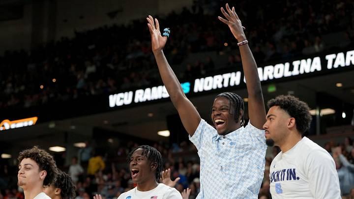 Mar 19, 2026; Greenville, SC, USA; North Carolina Tar Heels forward Caleb Wilson (8) celebrates after a play against the VCU Rams in the second half of a first round game of the men's 2026 NCAA Tournament at Bon Secours Wellness Arena. Mandatory Credit: Bob Donnan-Imagn Images