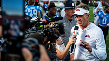 Ole Miss head coach Lane Kiffin takes questions from ESPN after a college football game between Ole Miss and LSU at Vaught-Hemingway Stadium in Oxford, Miss., on Saturday, Sept. 27, 2025. Ole Miss defeated LSU 24-19.