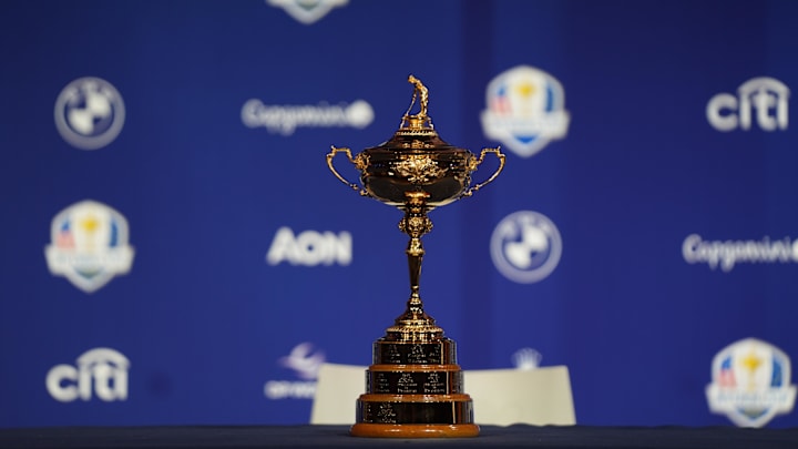 Oct 8, 2024; New York, New York, USA; The Ryder Cup sits on a table after a press conference at Times Center. Mandatory Credit: Lucas Boland-Imagn Images Oct 8, 2024; New York, New York, USA; The Ryder Cup sits on a table after a press conference at Times Center. Mandatory Credit: Lucas Boland-Imagn Images