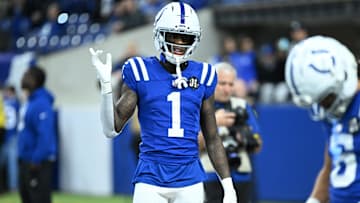 Nov 30, 2025; Indianapolis, Indiana, USA; Indianapolis Colts cornerback Sauce Gardner (1) warms up before a game against the Houston Texans at Lucas Oil Stadium. Mandatory Credit: Robert Goddin-Imagn Images