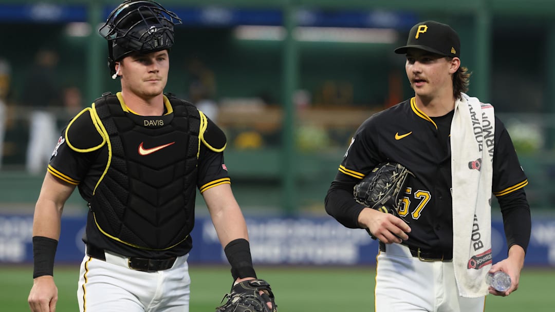 Pittsburgh Pirates catcher Henry Davis and starting pitcher Bubba Chandler.