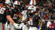 Nov 1, 2025; Corvallis, Oregon, USA; Oregon State Beavers running back Anthony Hankerson (0) is congratulated in the end zone for a running touchdown against the Washington State Cougars during the fourth quarter at Reser Stadium. Mandatory Credit: Craig Strobeck-Imagn Images