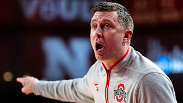 Feb 9, 2025; Lincoln, Nebraska, USA; Ohio State Buckeyes head coach Jake Diebler reacts after a call during the first half against the Nebraska Cornhuskers at Pinnacle Bank Arena. Mandatory Credit: Dylan Widger-Imagn Images