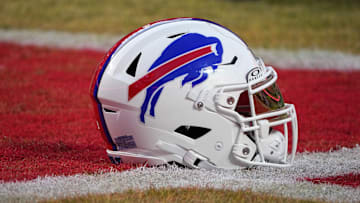 Jan 26, 2025; Kansas City, MO, USA; A detailed view of the Buffalo Bills helmet before the AFC Championship game against the Kansas City Chiefs at GEHA Field at Arrowhead Stadium. Mandatory Credit: Denny Medley-Imagn Images