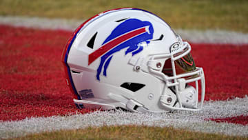Jan 26, 2025; Kansas City, MO, USA; A detailed view of the Buffalo Bills helmet before the AFC Championship game against the Kansas City Chiefs at GEHA Field at Arrowhead Stadium. Mandatory Credit: Denny Medley-Imagn Images