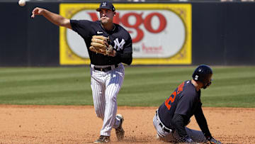 Mar 21, 2023; Tampa, Florida, USA;  New York Yankees infielder Max Burt (36) makes a double play by