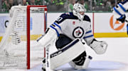 Winnipeg Jets goaltender Connor Hellebuyck in action during the game between the Dallas Stars and the Winnipeg Jets.