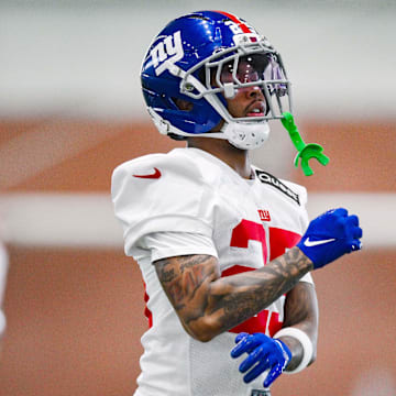 Jun 18, 2025; East Rutherford, NJ, USA; New York Giants cornerback Korie Black (25) warms up during minicamp at Quest Diagnostics Training Center. Mandatory Credit: John Jones-Imagn Images
