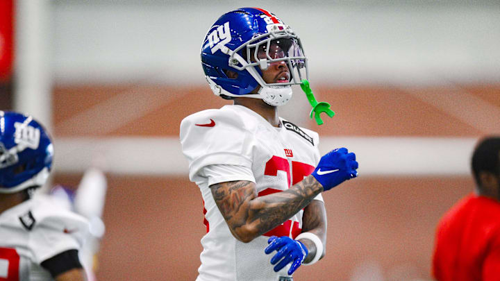 Jun 18, 2025; East Rutherford, NJ, USA; New York Giants cornerback Korie Black (25) warms up during minicamp at Quest Diagnostics Training Center. Mandatory Credit: John Jones-Imagn Images