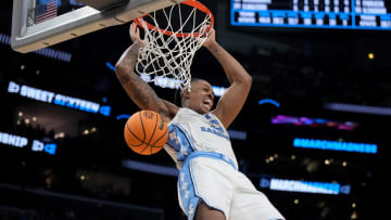 Mar 28, 2024; Los Angeles, CA, USA; North Carolina Tar Heels forward Armando Bacot (5) shoots against the Alabama Crimson Tide in the second half in the semifinals of the West Regional of the 2024 NCAA Tournament at Crypto.com Arena. Mandatory Credit: Kirby Lee-USA TODAY Sports