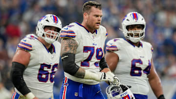 Buffalo Bills offensive tackle Spencer Brown (79) walks off the field with teammates Sunday, Nov. 10, 2024, during a game against the Indianapolis Colts at Lucas Oil Stadium in Indianapolis.