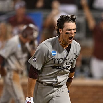 Jun 9, 2024; College Station, TX, USA; Texas A&M infielder Kaeden Kent (3) hits a grand slam in the top of the seventh inning against Oregon at Olsen Field, Blue Bell Park Mandatory Credit: Maria Lysaker-Imagn Images