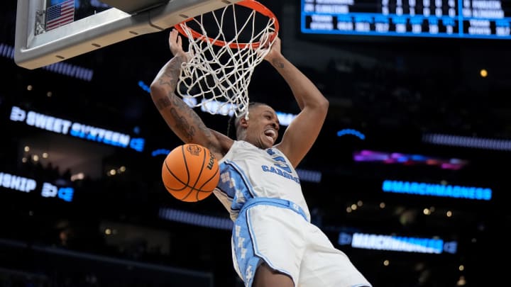 Mar 28, 2024; Los Angeles, CA, USA; North Carolina Tar Heels forward Armando Bacot (5) shoots against the Alabama Crimson Tide in the second half in the semifinals of the West Regional of the 2024 NCAA Tournament at Crypto.com Arena. Mandatory Credit: Kirby Lee-USA TODAY Sports