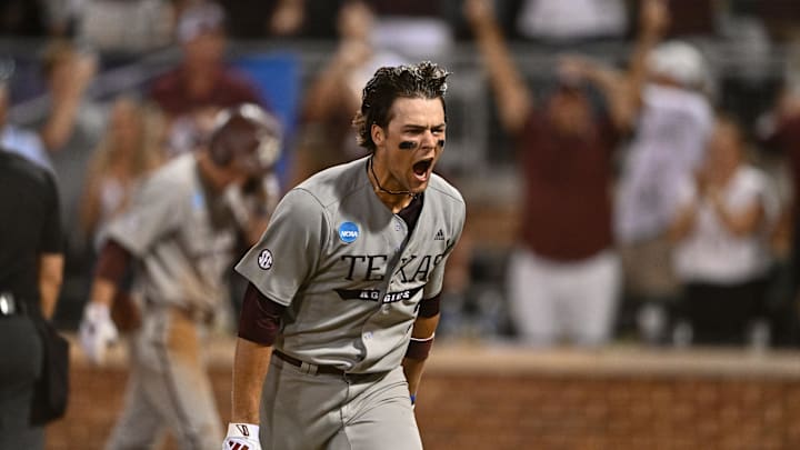 Jun 9, 2024; College Station, TX, USA; Texas A&M infielder Kaeden Kent (3) hits a grand slam in the top of the seventh inning against Oregon at Olsen Field, Blue Bell Park Mandatory Credit: Maria Lysaker-Imagn Images