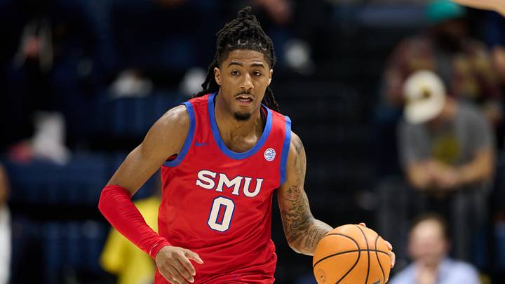 Feb 25, 2026; Berkeley, California, USA; SMU Mustangs guard B.J. Edwards (0) brings the ball upcourt against against the California Golden Bears during the first half at Haas Pavilion. Mandatory Credit: Robert Edwards-Imagn Images