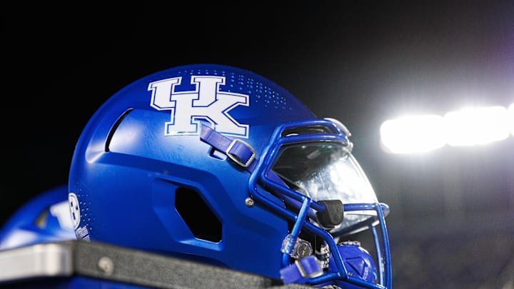 Sep 16, 2023; Lexington, Kentucky, USA; Kentucky Wildcats helmet during the game against the Akron Zips at Kroger Field. Mandatory Credit: Jordan Prather-Imagn Images