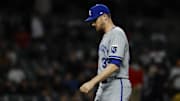Apr 17, 2025; Detroit, Michigan, USA;  Kansas City Royals pitcher Chris Stratton (35) walks off the field after being relieved in the eighth inning against the Detroit Tigers at Comerica Park. Mandatory Credit: Rick Osentoski-Imagn Images