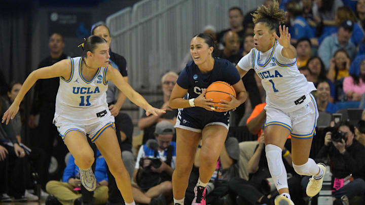 Mar 21, 2026; Los Angeles, CA, USA;  California Baptist Lancers guard Sofia Alonso (11) is defended by UCLA Bruins guard Kiki Rice (1) and UCLA Bruins forward Gabriela Jaquez (11) in the first half at Pauley Pavilion. Mandatory Credit: Jayne Kamin-Oncea-Imagn Images