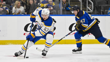 Nov 30, 2023; St. Louis, Missouri, USA;  Buffalo Sabres left wing Jeff Skinner (53) controls the puck against the St. Louis Blues during the first period at Enterprise Center. Mandatory Credit: Jeff Curry-USA TODAY Sports