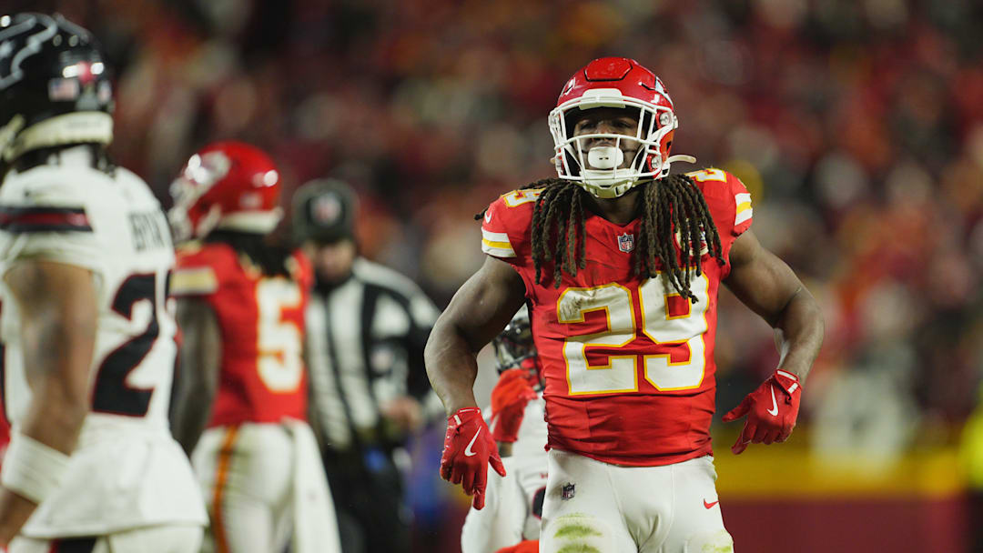 Jan 18, 2025; Kansas City, Missouri, USA; Kansas City Chiefs running back Kareem Hunt (29) reacts after running the ball against the Houston Texans during the fourth quarter of a 2025 AFC divisional round game at GEHA Field at Arrowhead Stadium. Mandatory Credit: Jay Biggerstaff-Imagn Images