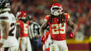 Jan 18, 2025; Kansas City, Missouri, USA; Kansas City Chiefs running back Kareem Hunt (29) reacts after running the ball against the Houston Texans during the fourth quarter of a 2025 AFC divisional round game at GEHA Field at Arrowhead Stadium. Mandatory Credit: Jay Biggerstaff-Imagn Images